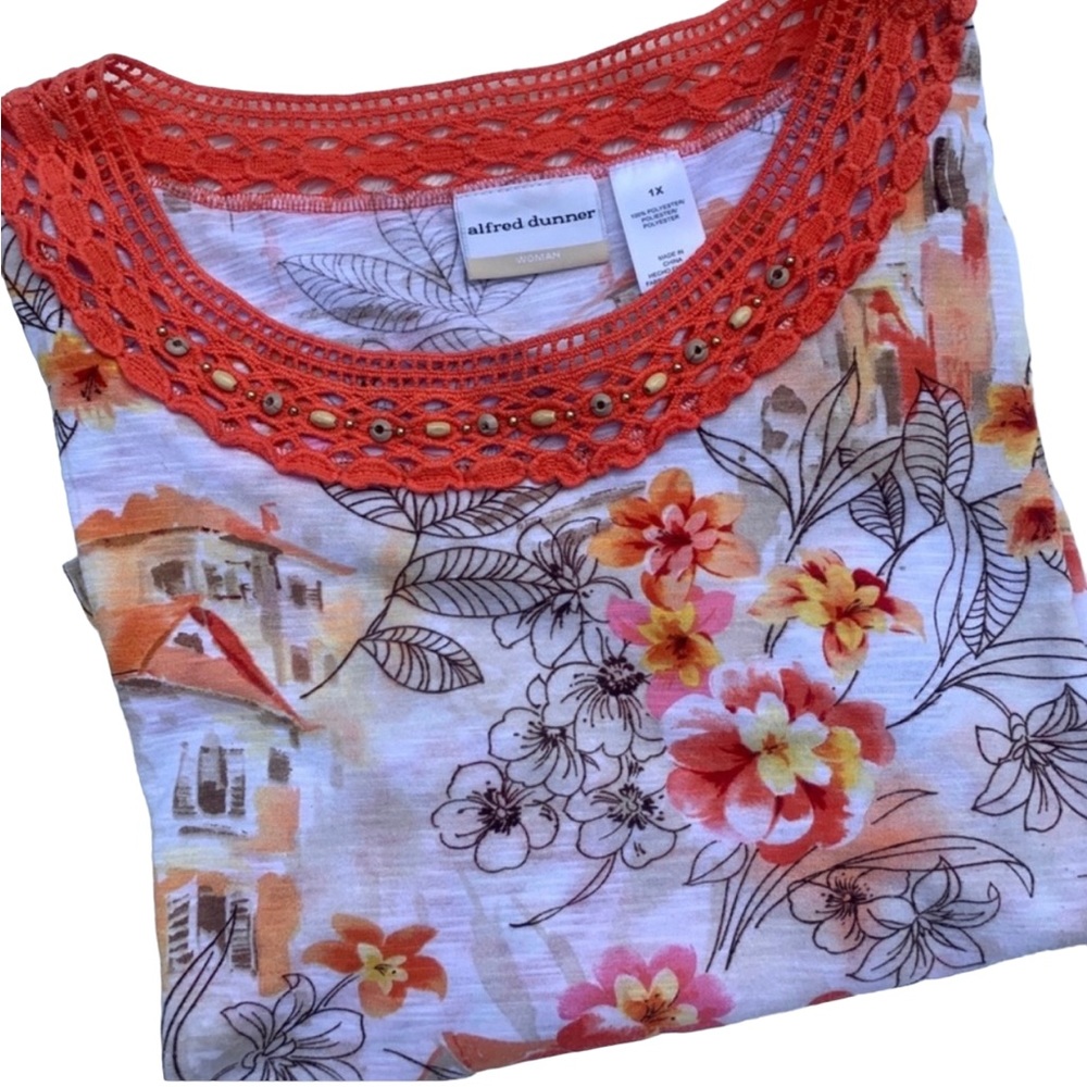 Alfred Dunner Floral Crochet Beaded Scoop Neck Top Women 1X